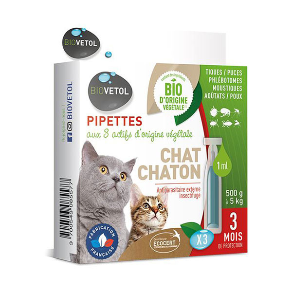 Biovetol Antiparasitaire Insectifuge pour Chat et Chaton - 3 pipettes