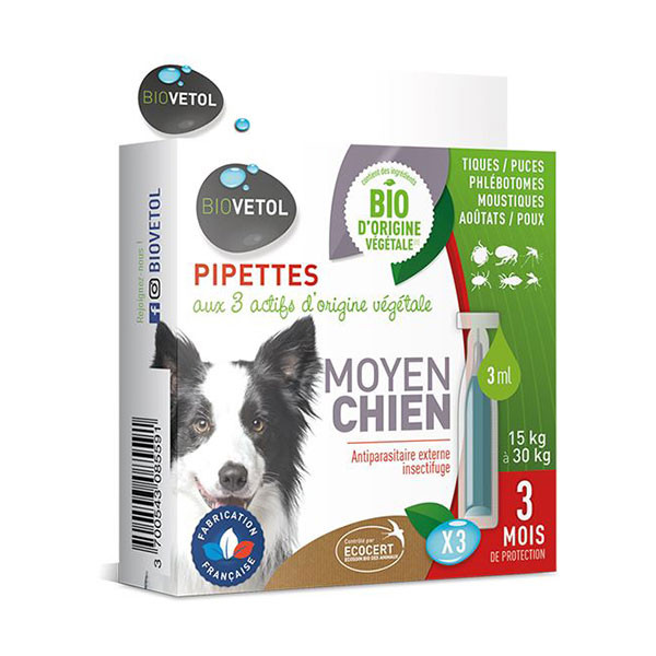 Biovetol Antiparasitaire Insectifuge pour Chien Moyen 15 à 30 kg - 3 pipettes