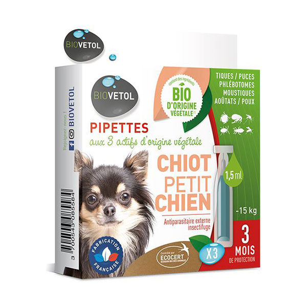 Biovetol Antiparasitaire Insectifuge Chiot et Petit Chien <15 kg - 3 pipettes
